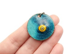 Vintage Colorful Enamel on Copper Double Sided Floral Blue Teal 1970s Pendant