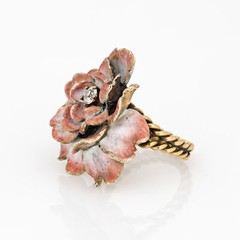 Vintage Enamel Flower Ring Mine Diamond 14k Yellow Gold Sz 4.75 Estate Jewelry