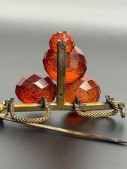 Vintage Czech Bohemian Amber Red Crackle Glass Bead Brooch Trombone Clasp Pin