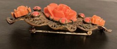 Vintage Rose Brooch Filigree Flower Floral Cut Out Prongs Leaf Peach Coral Pin