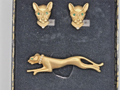 VTG JACKIE COLLINS Panther Set In Box Brooch Clip Earrings Gold Tone Rhinestones