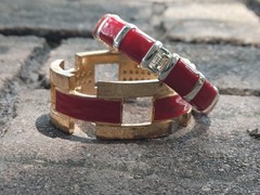 2 Vintage Hinged Bangle Bracelets with Red Enamel 1 Gold Tone 1 Silver Tone 80’s