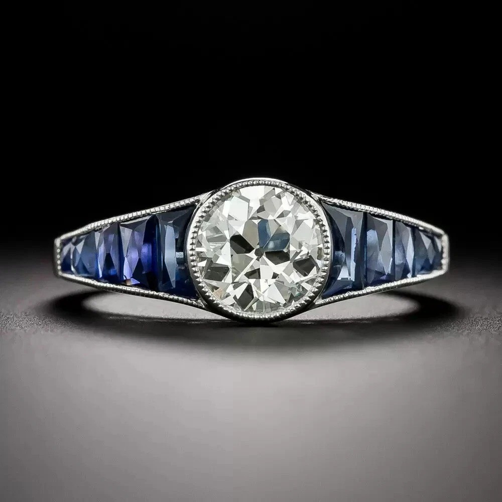 Art Deco Style Round Lab Created Diamond & Sapphire 925 Silver Engagement Ring