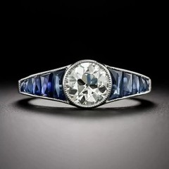 Art Deco Style Round Lab Created Diamond & Sapphire 925 Silver Engagement Ring