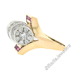 Unique Vintage Retro 14k Gold & Platinum 2.75ctw Diamond & Ruby Insert Ring Set