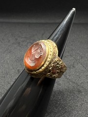 Rare Ancient Bronze Ring Carved Red Agate Eastern King Antique Size 8 US