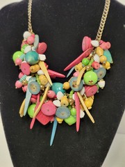 Vintage Festive Colorful Chunky Beaded Plastic & Wood Statement Charm Necklace