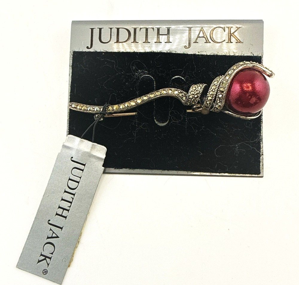 Judith Jack Brooch Sterling Silver Marcasite Pin Red Imitation Pearl $110 Deco