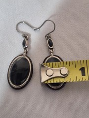 Silver Tone Dark Blue Grey Agate Dangle Earrings Pierced Hooks Vintage