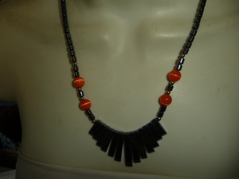 GUN METAL GRAY & ORANGE BEADDS 9″L NECKLACE #17/12A