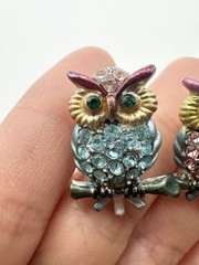 Silver Tone Rhinestone Owl Pin Set