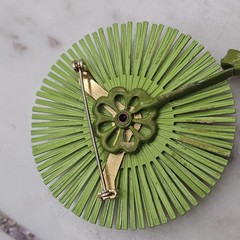 Vintage Mod Flower Brooch Pink Green Enamel Stem Pin MCM Retro Atomic Space Age