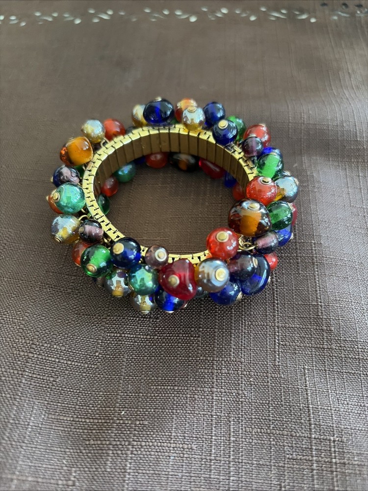 Vintage Multi-Color, Glass Bead Expansion Band Gold-Tone Bracelet