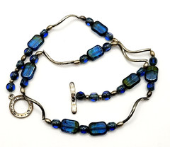 Vintage Blue Green Translucent Art Glass Necklace Wavy Silver Tone Alloy 18 in