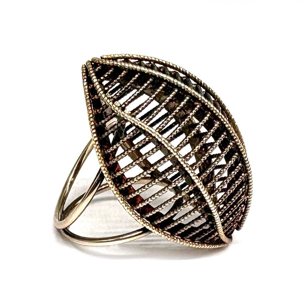 Fab SCULPTURAL Vtg ITALIAN MODERNIST Sterling CAGE POD RING 14K Gold Vermeil