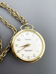 Vintage TODD Watch Necklace Atomic Mother of Pearl Mechanical Gold Tone 23”