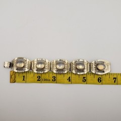 VTG Alpaca Silvertone Bracelet White Glass Cabochons Wide Links Made In Mexico