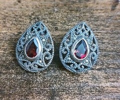Vintage Sterling Silver Red Garnet Pear Teardrop Art Nouveau Raindrop Earrings