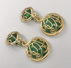 Stunning Vtg Dangle Drop Clip On Earrings Scroll Gold Tone Green Lucite. #1424