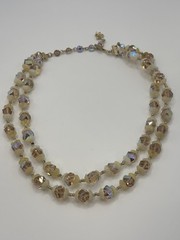 Vintage VENDOME MCM AB Crystal Double Strand Necklace Cream Color Bead Caps 16″
