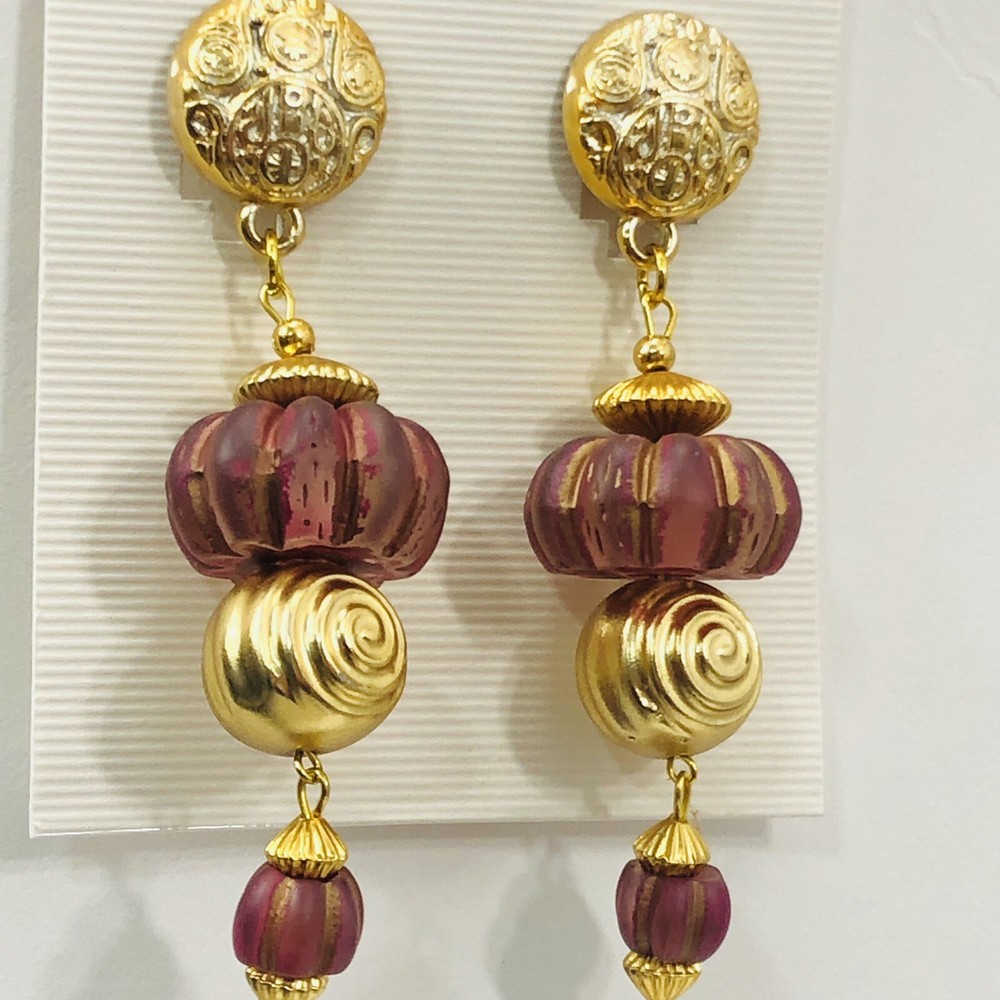 Melon Ball Beaded Earrings Clip On Dangle Drop Red Frosted Lucite Vintage 80s