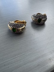 Vintage 80s 90s Gold-Tone Green and Rhinestone Hoop Clip Earrings