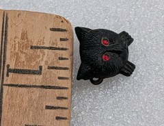 Antique Victorian Black Jet Cat Face Red Rhinestone Eyes Mourning Brooch / Pin