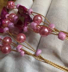 Vintage Handmade Necklace Pearl Dyed Agate Triple Strand Necklace Button Close