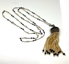 Vintage Art Deco Flapper Faux Pearl Marcacite Tassel 32” Sterling Necklace