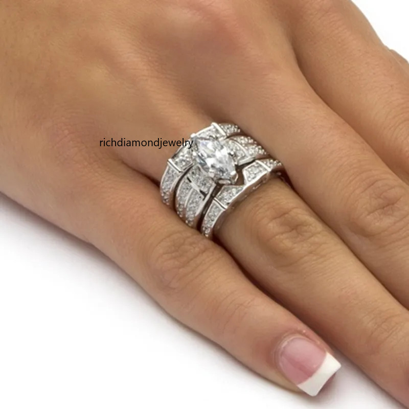 Marquise Shape Multi White Stone 925 Sterling Silver Wedding Women Trio Ring Set
