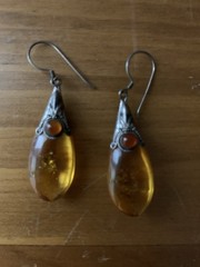 Genuine Vintage Baltic Amber earrings. A Teardrop Design,SS &Carnelian Gem Stone