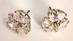 Earrings w/3 Clear Tear Drop Rhinestones On Each w Push-On Backs Gold-Tone Studs