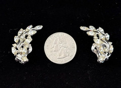 Vintage Signed BOGOFF Silver Tone CLEAR Rhinestone CLIMBER Clip Earrings 1.25″ L