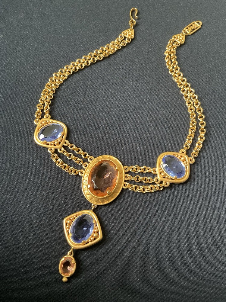 Vintage YSL Yves Saint Laurent Pink and Blue Glass Eye Gold Plated Necklace