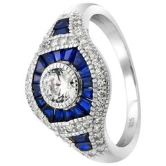 Art Deco Style Lab Created Diamond & Sapphire Anniversary 14k White Gold FN Ring