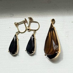 Vtg Smoky Quartz Glass Teardrop Pendant Screw Back Earrings Sterling Gold Plated
