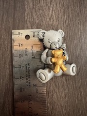 Vintage JJ Teddy Bear Brooch Silver Gold Tone Bear Holding Teddy Pin 2”