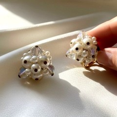 Vintage Japan Pearl Cluster Clip On Earrings AB Crystal Beaded