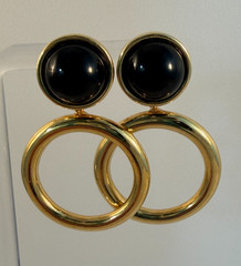 Vintage Monet Black & Gold Door Knocker Round Dangle Post Earrings