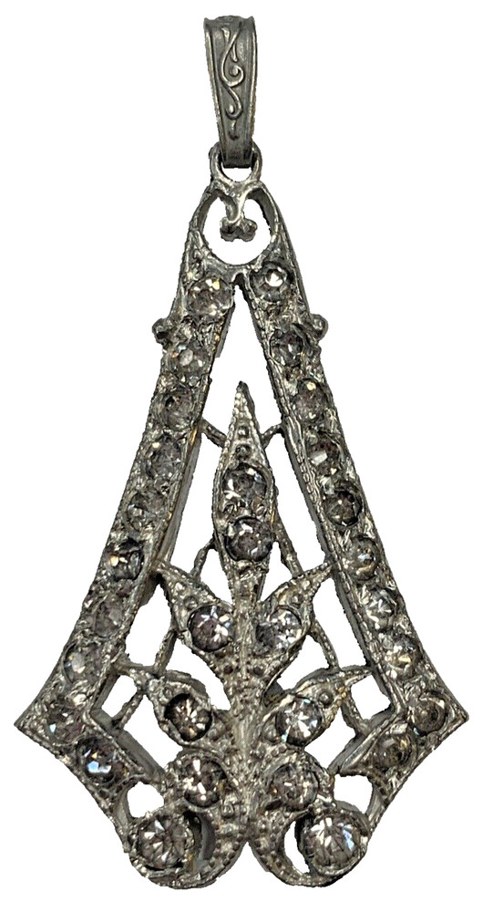 Antique Lavalier Art Nouveau Rhinestone Paste Silver Tone Filigree Pendant