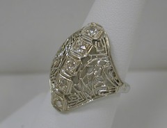 FINE ART DECO 14K WHITE GOLD 1.00 CT 5-STONE DIAMOND FILIGREE DINNER RING~SIZE 8