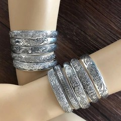Retro Tibetan Silver Cuff Bracelet Carved Fish Elephant Flower Vintage Bangle