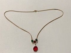 Vintage Gold Tone Red Green Blue Glass Pendant Necklace Rhinestone Accent 18”