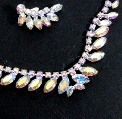 VTG EXQUISITE B DAVID AB RHINESTONE NECKLACE CLIP EARRINGS Prong Set 60s EXC