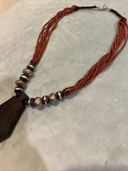 Vintage Handmade Statement Tribal Necklace with Wood, Metal & Red Beads 18”