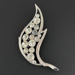 Vintage Silver Tone Rhinestone Leaf Brooch Pin Mid Century Modern MCM Jewelry