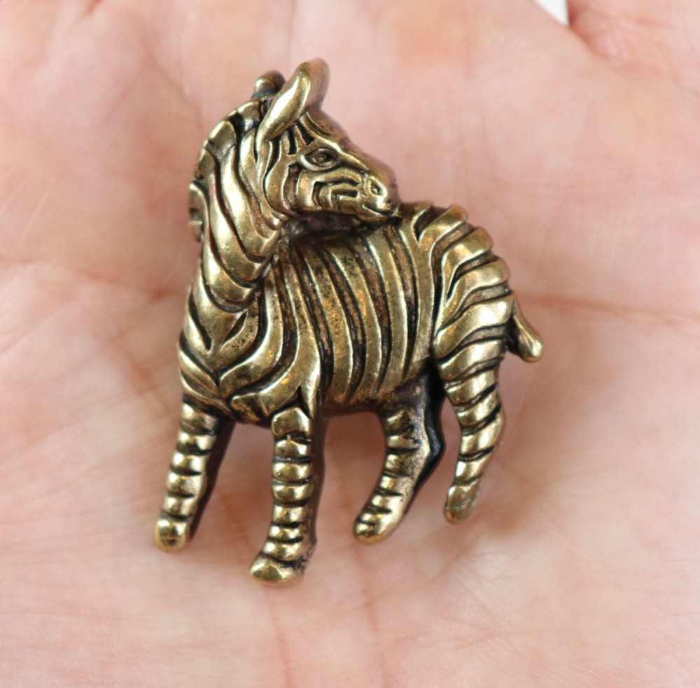 VTG Standing Zebra Brooch Pin Gold Tone Etched Stripes Statement Jewelry Africa