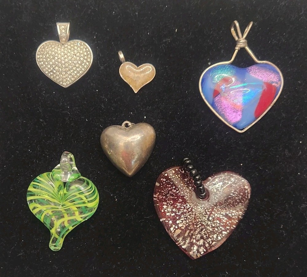 Vintage Heart Pendant Lot Mixed Materials And Styles