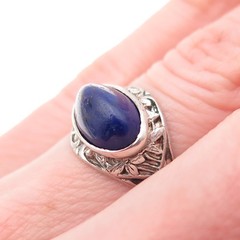 925 Sterling Silver Vintage Real Lapis Floral Oxidized Ring Size 4.25