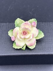 Painted Porcelain Pink Flower Green Leaves Cottage Core VTG 3D Floral Brooch
